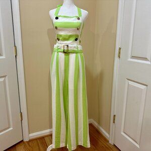 NWT MOON RIVER Lime Green White Striped Linen Blend Jumpsuit Corset Back Sz L